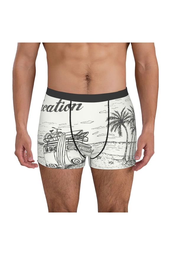 Summer Vacation Scene With Camping Van Print Men's Boxer Briefs, High Elastic Moisture Wicking Boxer Briefs Underwear-Large