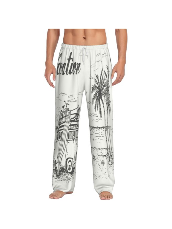 Summer Vacation Scene With Camping Van Print Men's Home Trousers, Elastic Drawstring Home Pajamas Clothing Suitable for Adult Men-Large