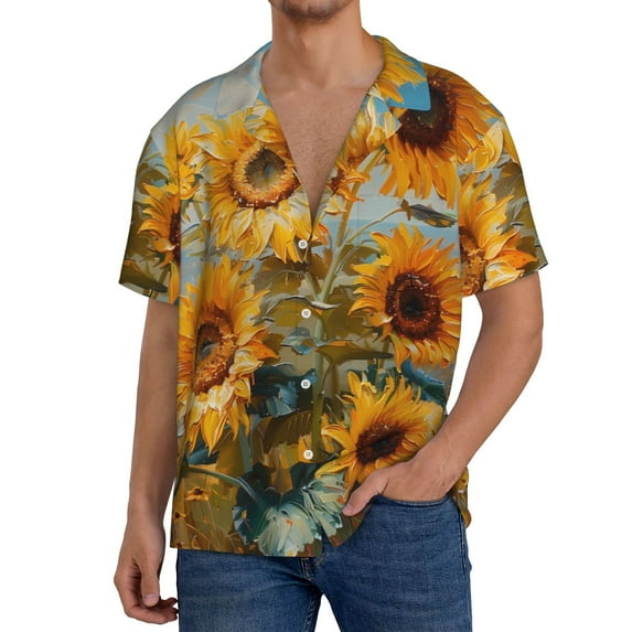 Gukieu Sunflower Field Art Print Men's Short-sleeved Shirts, Button-down Pocket Shirts, T-shirts, Beach Vacation Travel Summer Clothing-XX-Large