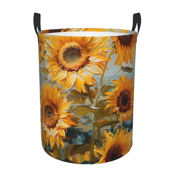 Gukieu Sunflower Field Art Print Round Dirty Clothes Bag, Waterproof Standing Home Bathroom Storage Basket Car Trunk Storage Bag-Medium