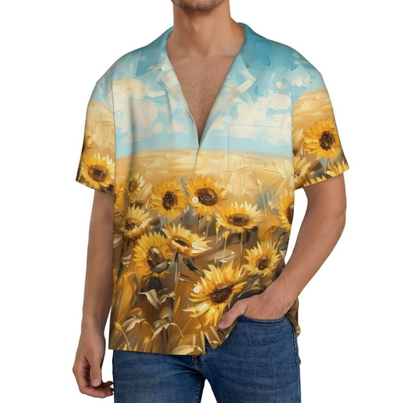 Gukieu Sunflower Field Bliss Print Men's Short-sleeved Shirts, Button-down Pocket Shirts, T-shirts, Beach Vacation Travel Summer Clothing-3X-Large