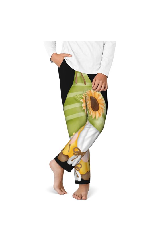 Sunflower Gnomes Print Youth Home Trousers, Elastic Waistband with Pockets for Home and Outing, Suitable for Children Aged 5-16-Medium