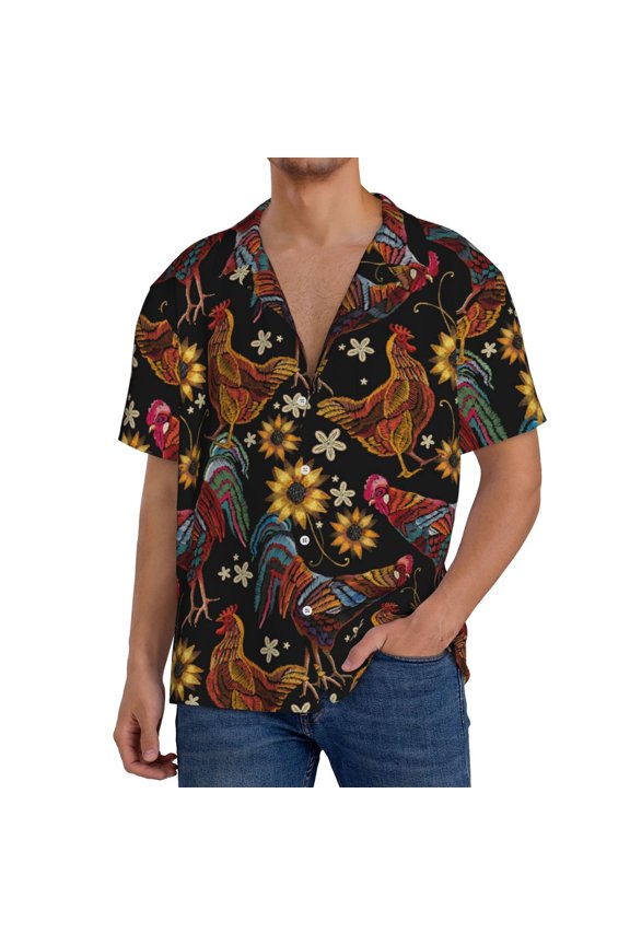 Sunflower Rooster Print Men's Short-sleeved Shirts, Button-down Pocket Shirts, T-shirts, Beach Vacation Travel Summer Clothing-Large