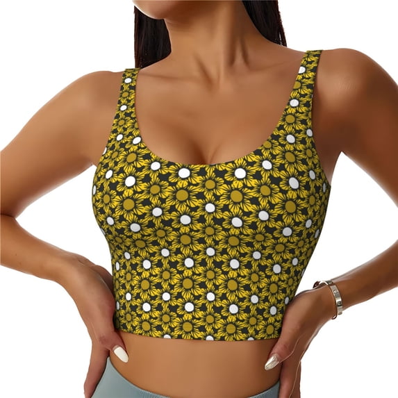 Gukieu Sunflowers 2 Print Women's Sports Vest, Low-neck U-shaped Removable Pad Sports Bra for Yoga, Exercise, Dance-Medium