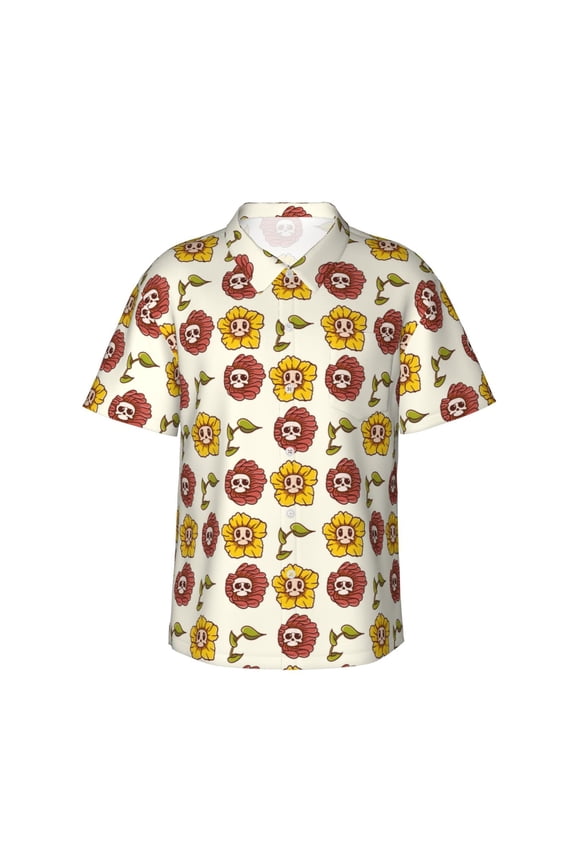 Sunflowers And Skull Print Men's Short-sleeved Shirts, Button-down Lapel Hawaiian Shirts, T-shirts, Beach Vacation Summer Casual Wear,X-Large