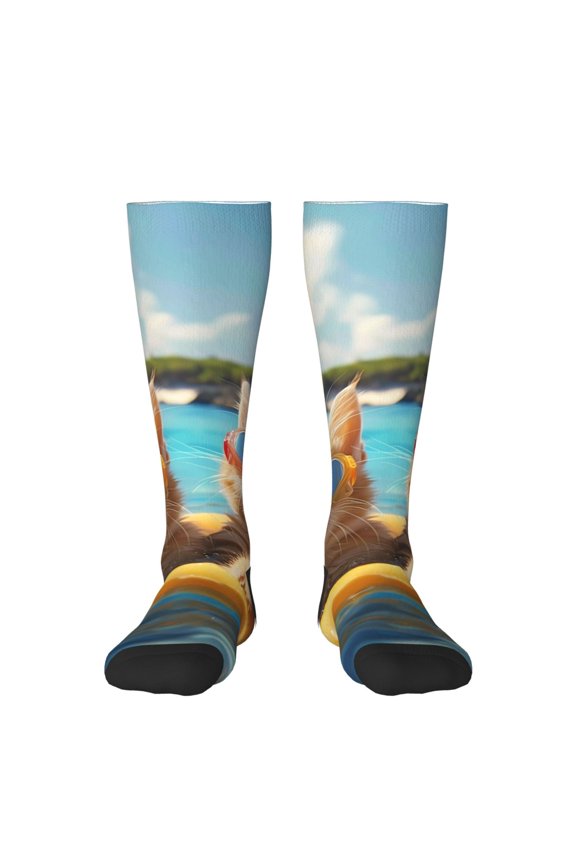 Sunglasses Beach Kittens Print Contrast Color Stockings, Elastic Sports Socks Warm Socks Clothing Accessories, Adult Unisex