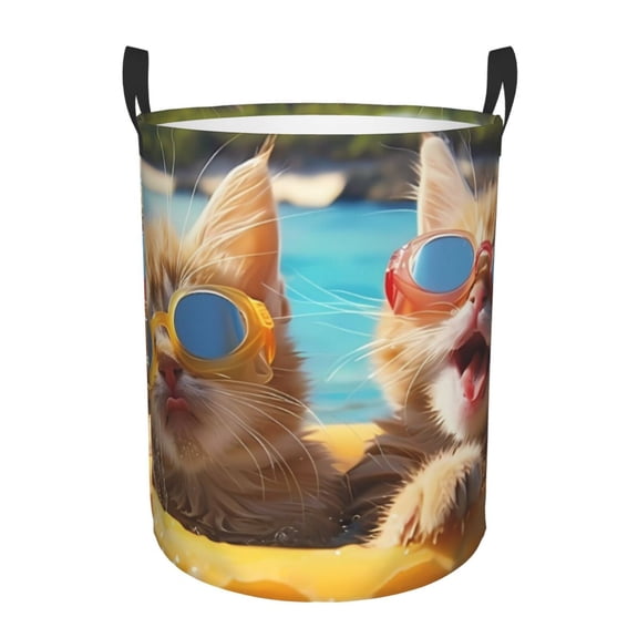 Gukieu Sunglasses Beach Kittens Print Round Dirty Clothes Bag, Waterproof Standing Home Bathroom Storage Basket Car Trunk Storage Bag-Small