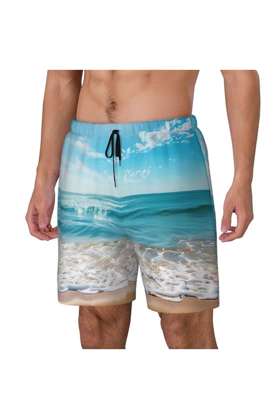 Sunny Ocean Waves Print Men's Double Layer Sports Swim Trunks, Quick Dry Adjustable Waist Swim Shorts Swimwear-3X-Large