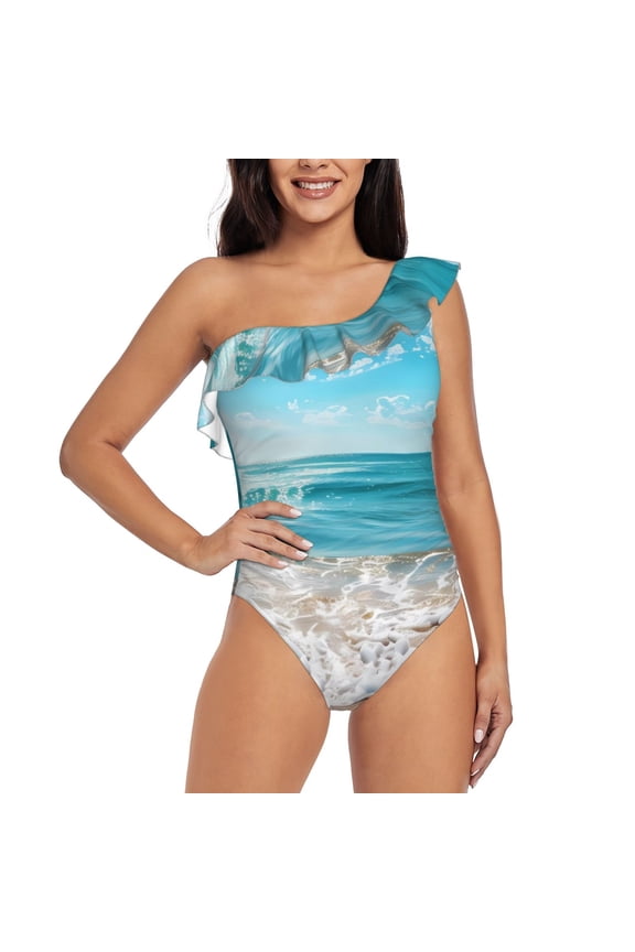 Sunny Ocean Waves Print One-shoulder Ruffled One-piece Swimsuit with Removable Chest Pads and Tummy-control Swimsuit for Women-Small