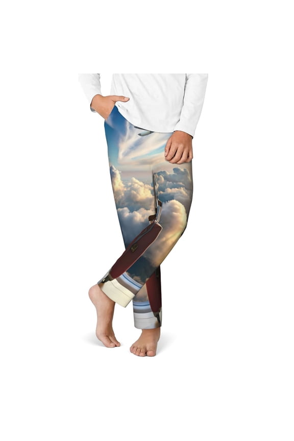 Sunset Airplane Travel View Print Youth Home Trousers, Elastic Waistband with Pockets for Home and Outing, Suitable for Children Aged 5-16-Small