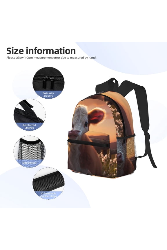 Sunset Calf Flower Field Print Backpack, Waterproof Backpack with Adjustable Shoulder Straps, Suitable for Campus, Business, Travel, Unisex