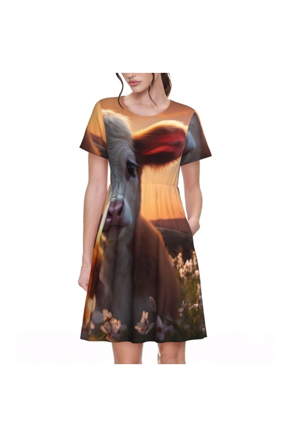 Sunset Calf Flower Field Print Women's Short Sleeve Dress, Elastic Waistband A-line with Pockets Summer Dress, Suitable for Daily Leisure, Work, Vacation