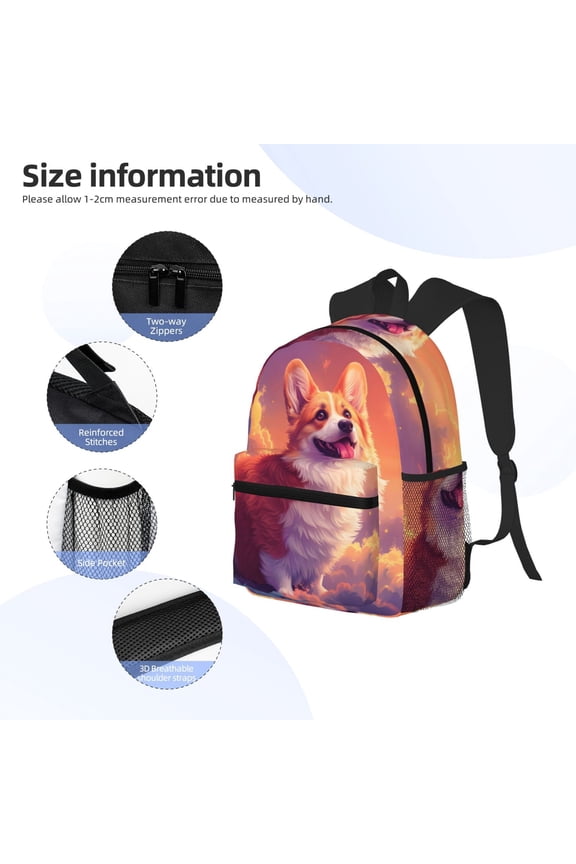 Sunset Cloud Corgi Print Backpack, Waterproof Backpack with Adjustable Shoulder Straps, Suitable for Campus, Business, Travel, Unisex