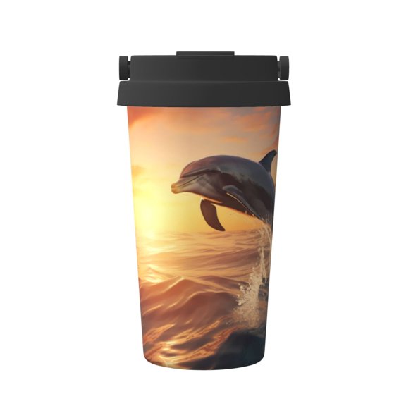Gukieu Sunset Dancing Dolphin A Print Insulated Coffee Cup, Portable Stainless Steel Vacuum Cup with Lid, Unisex, Suitable for Office, Cafe, Car