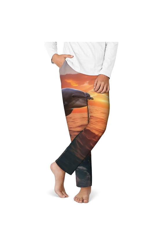 Sunset Dancing Dolphin B Print Youth Home Trousers, Elastic Waistband with Pockets for Home and Outing, Suitable for Children Aged 5-16-Large