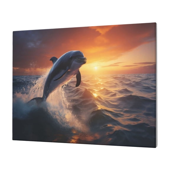 Gukieu Sunset Dancing Dolphin Print Horizontal Canvas Decorative Painting 12x16 Inch Shrinkage Resistant Frame Hanging Home Wall Art Decor