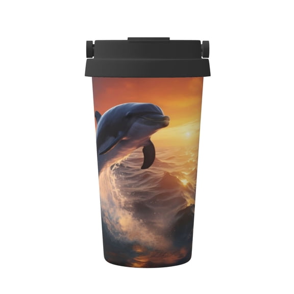 Gukieu Sunset Dancing Dolphin Print Insulated Coffee Cup, Portable Stainless Steel Vacuum Cup with Lid, Unisex, Suitable for Office, Cafe, Car