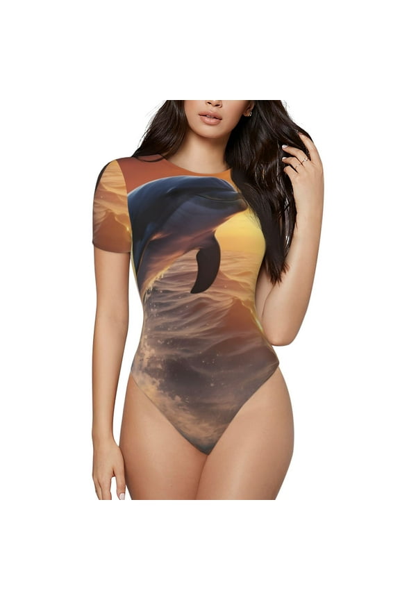 Sunset Dancing Dolphin Print Women's Short Sleeve Bodysuit, Round Neck Snap-on Bodysuit, Suitable for Adult Women-X-Large