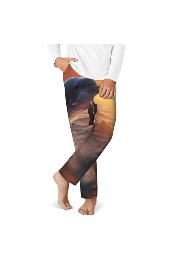Sunset Dancing Dolphin Print Youth Home Trousers, Elastic Waistband with Pockets for Home and Outing, Suitable for Children Aged 5-16-Small