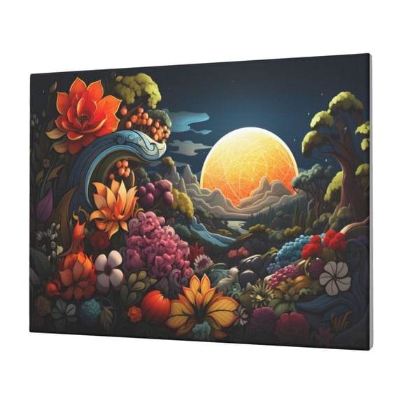 Gukieu Sunset Floral Fantasy Landscape Print Horizontal Canvas Decorative Painting 12x16 Inch Shrinkage Resistant Frame Hanging Home Wall Art Decor