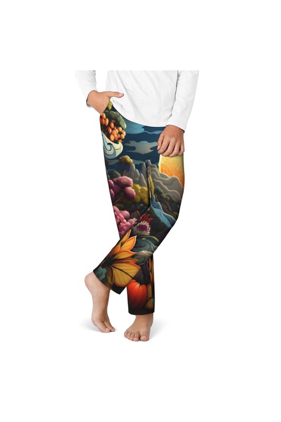 Sunset Floral Fantasy Landscape Print Youth Home Trousers, Elastic Waistband with Pockets for Home and Outing, Suitable for Children Aged 5-16-Medium