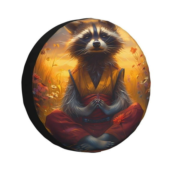 Gukieu Sunset Flower Meditating Raccoon Print Car Tire Cover, Adjustable Waterproof and Dustproof Tire Protection Cover, Suitable for SUV, Truck, Van-14 inch