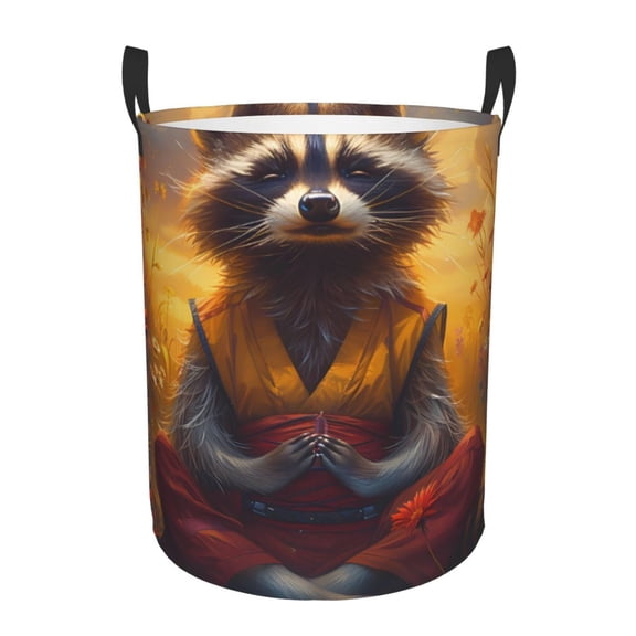 Gukieu Sunset Flower Meditating Raccoon Print Round Dirty Clothes Bag, Waterproof Standing Home Bathroom Storage Basket Car Trunk Storage Bag-Small