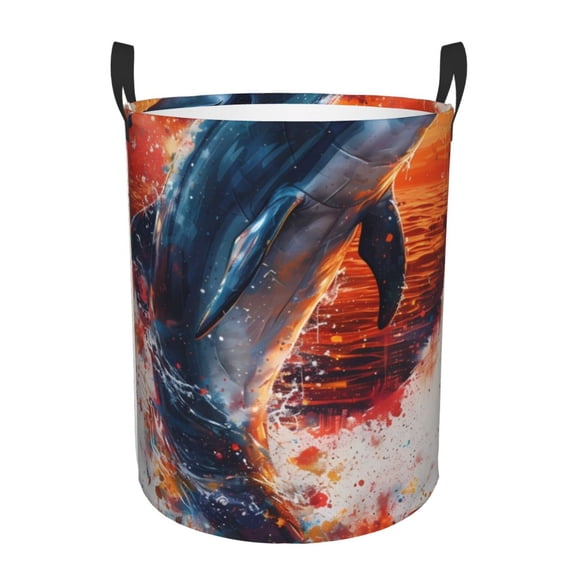 Gukieu Sunset Ocean Watercolor Dolphin Print Round Dirty Clothes Bag, Waterproof Standing Home Bathroom Storage Basket Car Trunk Storage Bag-Medium