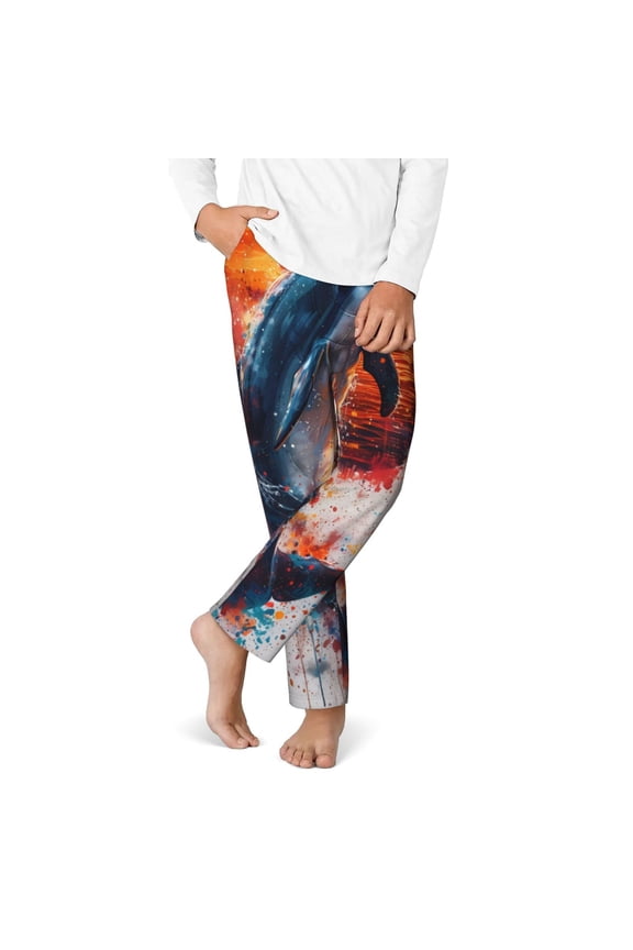 Sunset Ocean Watercolor Dolphin Print Youth Home Trousers, Elastic Waistband with Pockets for Home and Outing, Suitable for Children Aged 5-16-Medium