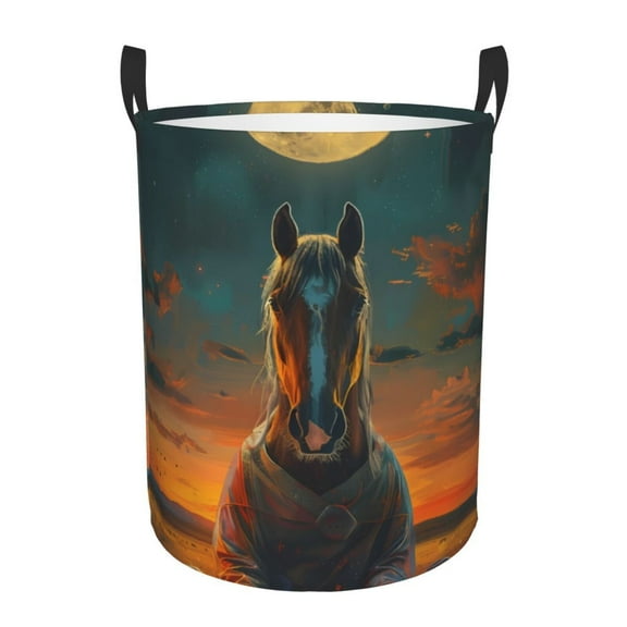 Gukieu Sunset Prairie Meditating Horse Print Round Dirty Clothes Bag, Waterproof Standing Home Bathroom Storage Basket Car Trunk Storage Bag-Small