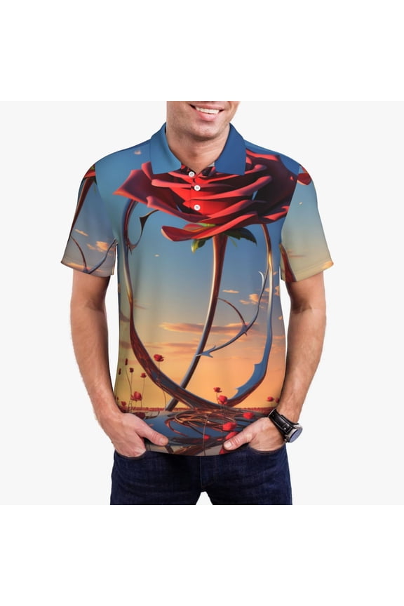 Sunset Rose Elegance Print Men's Quick-drying POLO Shirt, Button-down Summer T-shirt, Suitable for Work and Outdoor Activities-Small