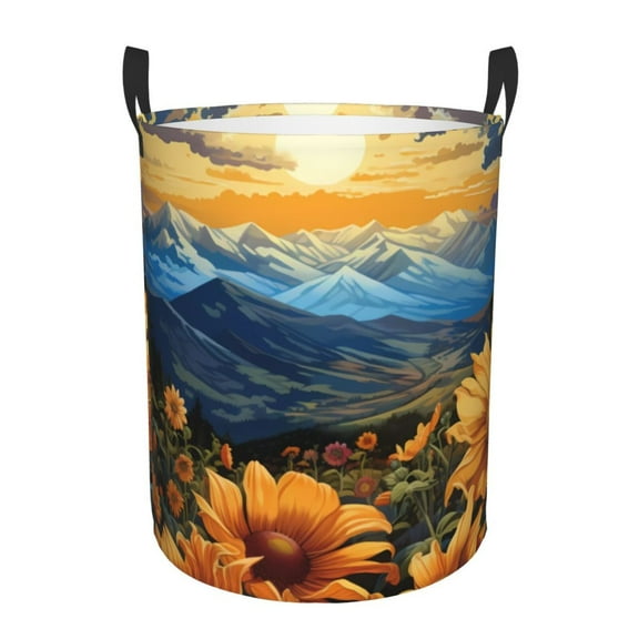 Gukieu Sunset Sky Sunflower Print Round Dirty Clothes Bag, Waterproof Standing Home Bathroom Storage Basket Car Trunk Storage Bag-Medium