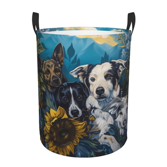 Gukieu Sunset Sunflower Dog Print Round Dirty Clothes Bag, Waterproof Standing Home Bathroom Storage Basket Car Trunk Storage Bag-Medium
