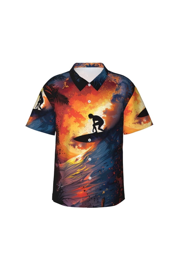 Sunset Surfing Silhouette Print Men's Short-sleeved Shirts, Button-down Lapel Hawaiian Shirts, T-shirts, Beach Vacation Summer Casual Wear,Large