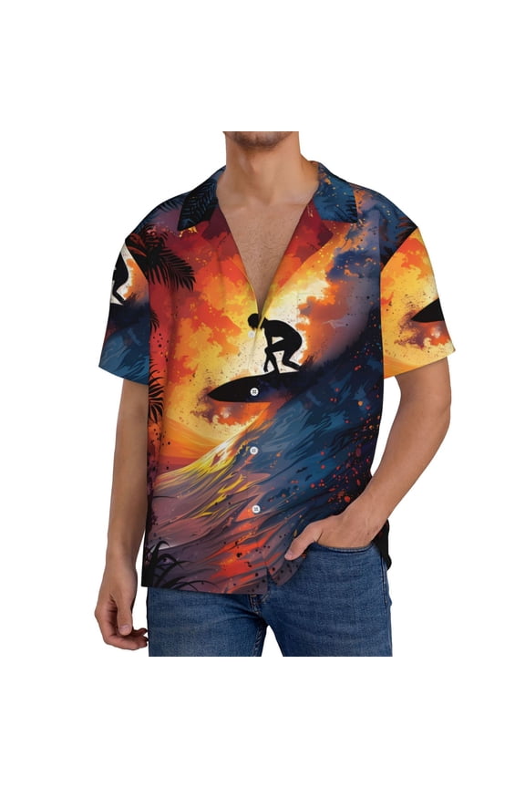 Sunset Surfing Silhouette Print Men's Short-sleeved Shirts, Button-down Pocket Shirts, T-shirts, Beach Vacation Travel Summer Clothing-X-Large