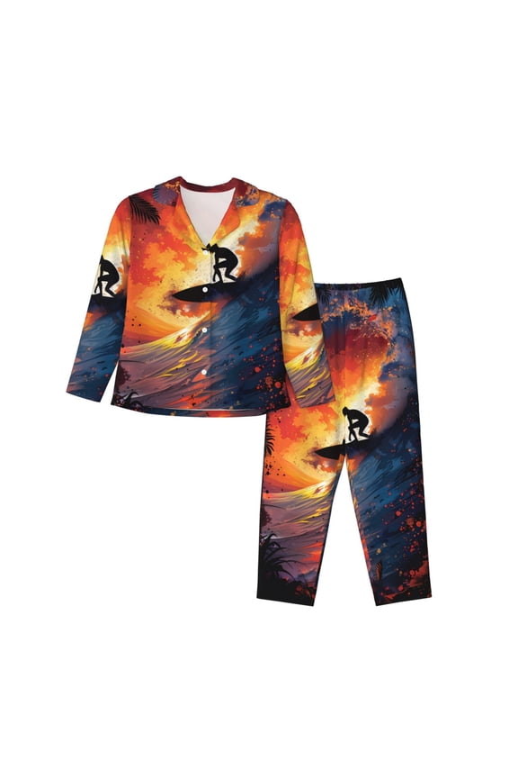Sunset Surfing Silhouette Print Women's Long Sleeve Pajama Set, Button Top Elastic Pocket Pajama Pants Two Piece Set Home Wear-Large