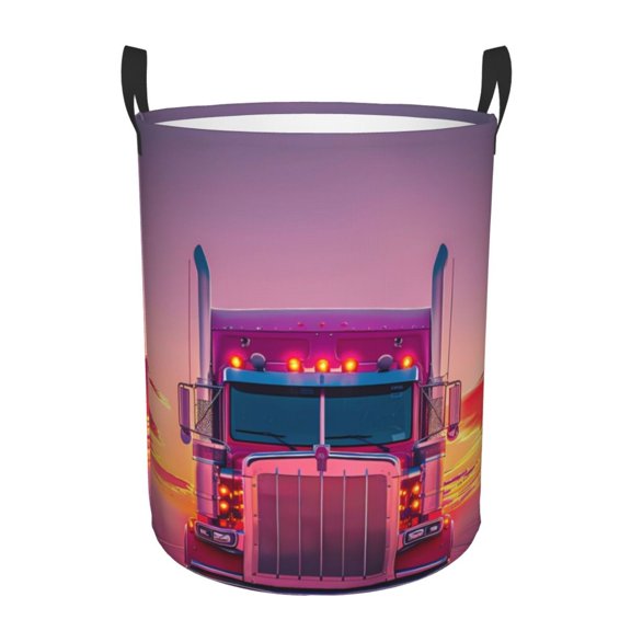 Gukieu Sunset Truck Highway Print Round Dirty Clothes Bag, Waterproof Standing Home Bathroom Storage Basket Car Trunk Storage Bag-Small