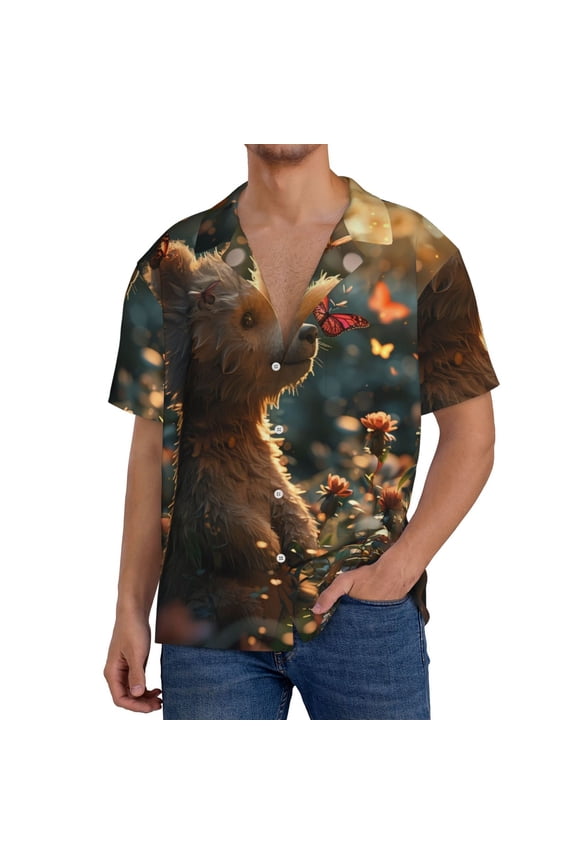 Sunshine Butterfly Flower Bear Print Men's Short-sleeved Shirts, Button-down Pocket Shirts, T-shirts, Beach Vacation Travel Summer Clothing-Large
