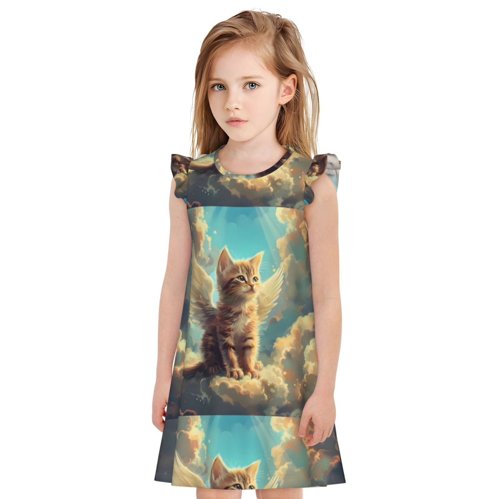 Gukieu Sunshine Cloud Cute Cat Print Girls' Flying Sleeves Nightdress ...
