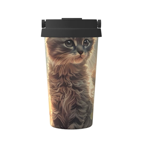 Gukieu Sunshine Cloud Kitten Print Insulated Coffee Cup, Portable Stainless Steel Vacuum Cup with Lid, Unisex, Suitable for Office, Cafe, Car