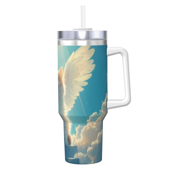 Gukieu Sunshine Cute Winged Cat Print 40OZ Ice Cup, Stainless Steel Vacuum Kettle with Handle Suitable for Hot and Cold Drinks, Travel, Fitness