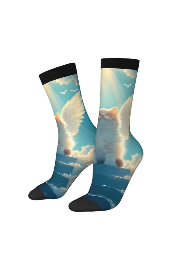 Sunshine Cute Winged Cat Print Contrast Color Mid-calf Socks, Sweat-wicking Athletic Socks, Unisex Clothing Accessories