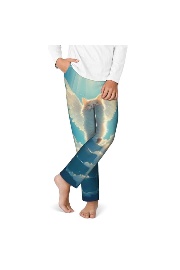 Sunshine Cute Winged Cat Print Youth Home Trousers, Elastic Waistband with Pockets for Home and Outing, Suitable for Children Aged 5-16-Small