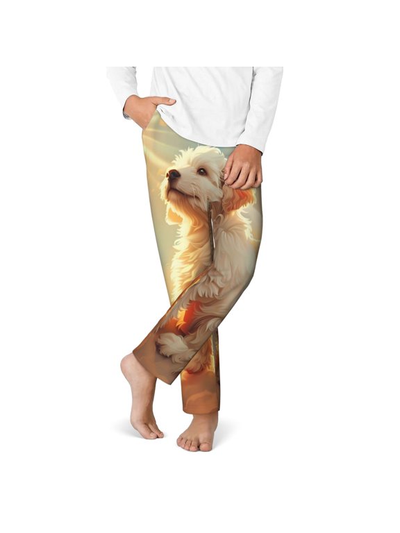 Sunshine Golden Cloud Dog Print Youth Home Trousers, Elastic Waistband with Pockets for Home and Outing, Suitable for Children Aged 5-16-Medium
