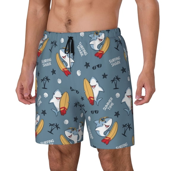 Gukieu Surf Shark Print Men's Double Layer Sports Swim Trunks, Quick Dry Adjustable Waist Swim Shorts Swimwear-Large