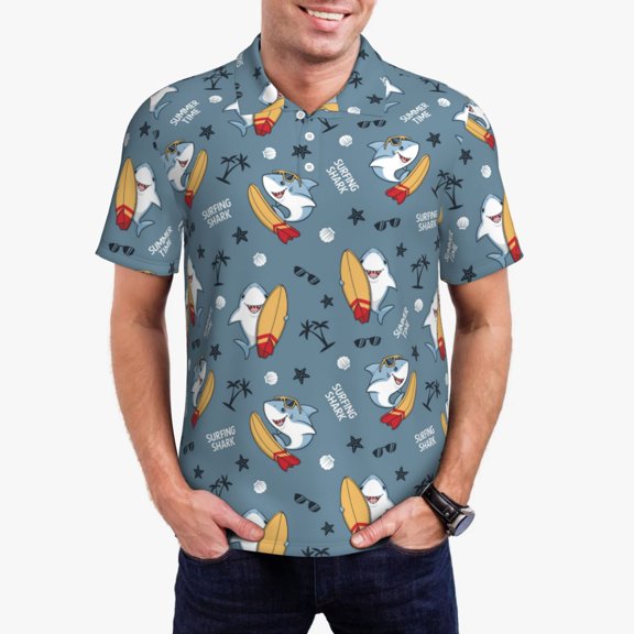 Gukieu Surf Shark Print Men's Quick-drying POLO Shirt, Button-down Summer T-shirt, Suitable for Work and Outdoor Activities-Small