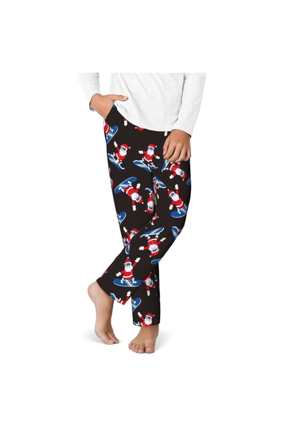 Surfing Santa Print Youth Home Trousers, Elastic Waistband with Pockets for Home and Outing, Suitable for Children Aged 5-16-Small
