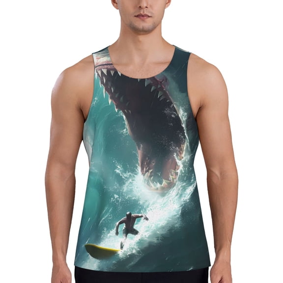 Gukieu Surfing Shark Print Men's Quick Dry Fitness Vest, Round Neck Sleeveless Fitness Bodybuilding Top-Large