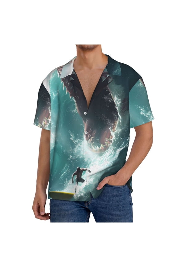 Surfing Shark Print Men's Short-sleeved Shirts, Button-down Pocket Shirts, T-shirts, Beach Vacation Travel Summer Clothing-XX-Large