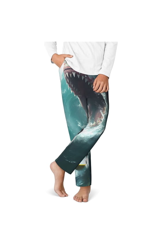 Surfing Shark Print Youth Home Trousers, Elastic Waistband with Pockets for Home and Outing, Suitable for Children Aged 5-16-XS(5-6)